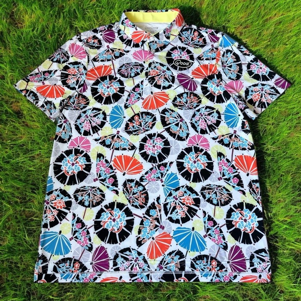Good Good Men’s Under My Umbrella Performance Golf Polo Shirt Sz L White NWOT